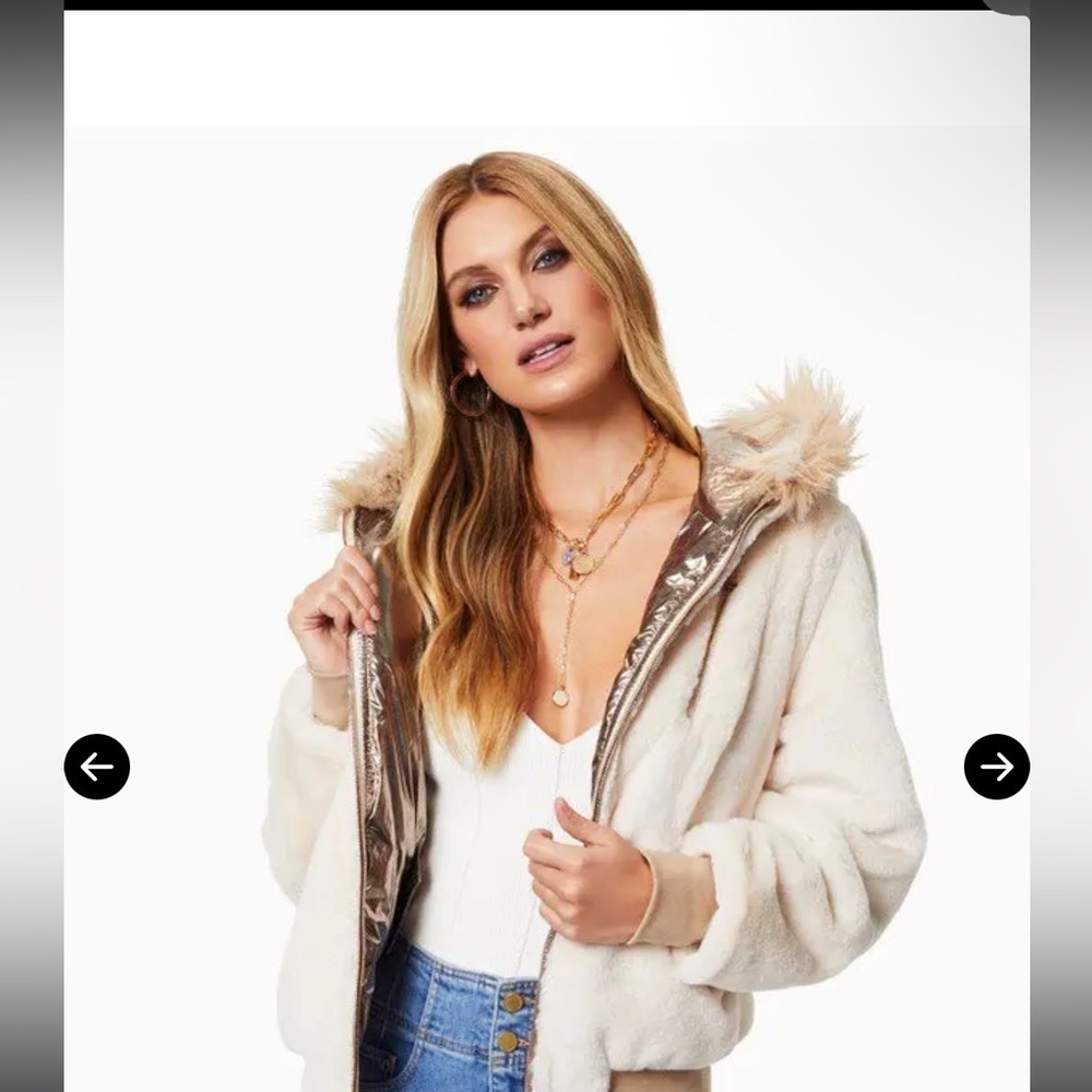 Ramy Brook Julian Reversible Jacket Faux Fur& Rose Gold Metallic Bomber